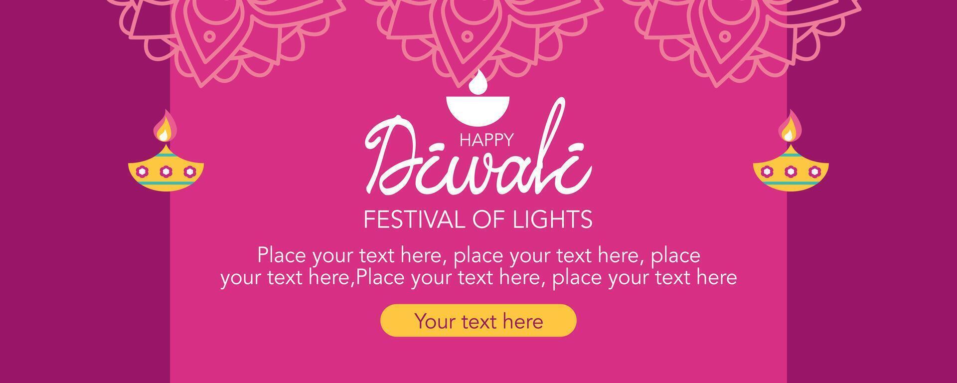 Trendy Diwali Hindu festival of lights greeting flat template with oil lamp, mandala geometric pink and purple background for branding, social media, greeting card, web, banner, cover, flyer or poster vector