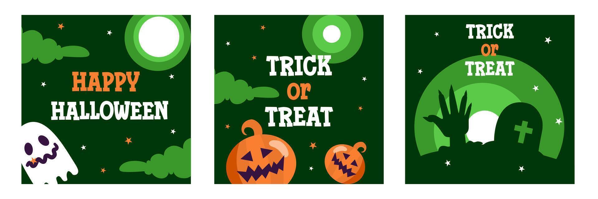 Set of Happy Halloween with calligraphy, pumpkin, ghost, grave flat illustration and green background for greeting sale banner, card, party invitation, advertising, web, social media, poster and flyer vector