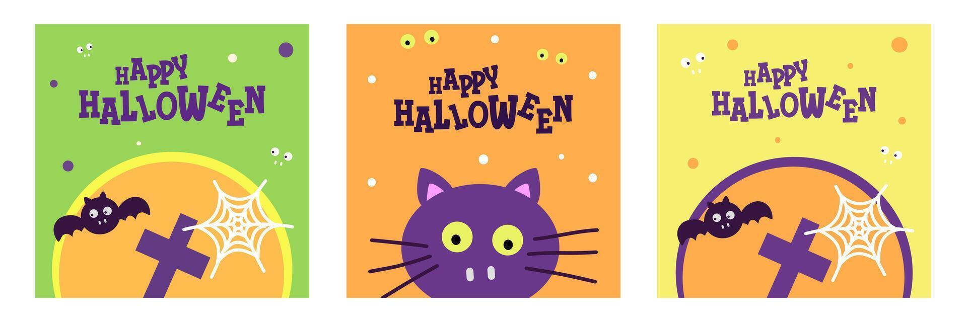 Set of Happy Halloween with calligraphy, cat, bat, spider web flat illustration and simple background for greeting sale banner, card, party invitation, advertising, web, social media, poster and flyer vector