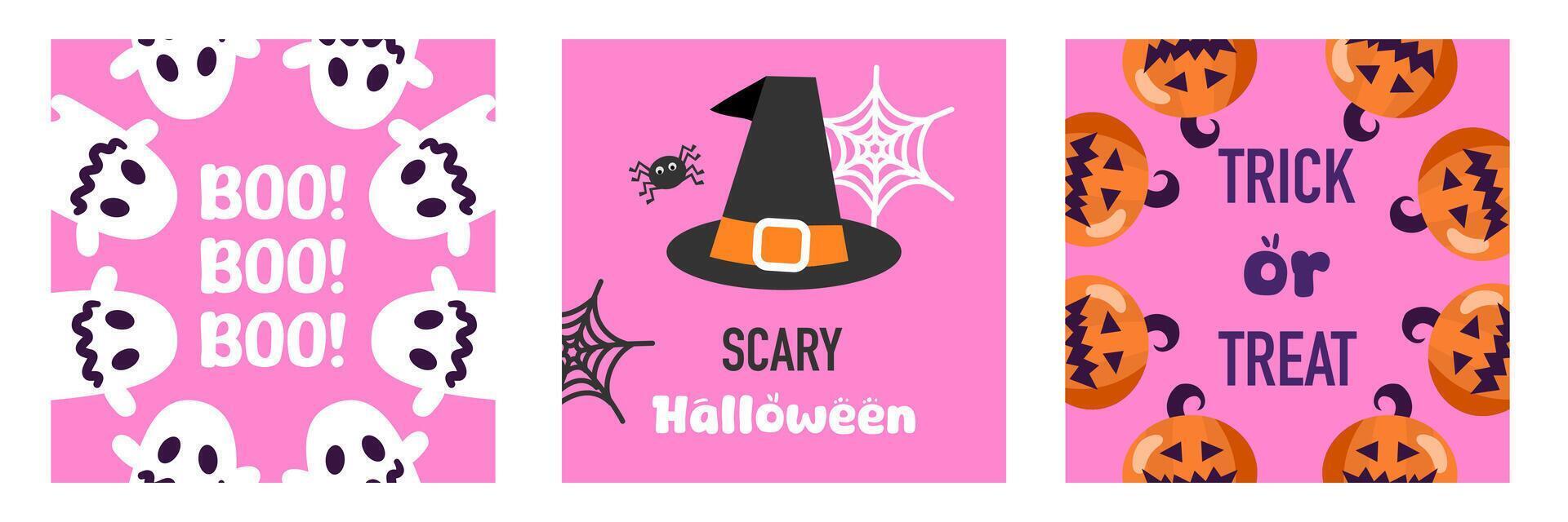 Set of Happy Halloween with calligraphy, pumpkin, ghost, hat flat illustration and pink background for greeting sale banner, card, party invitation, advertising, web, social media, poster and flyer vector
