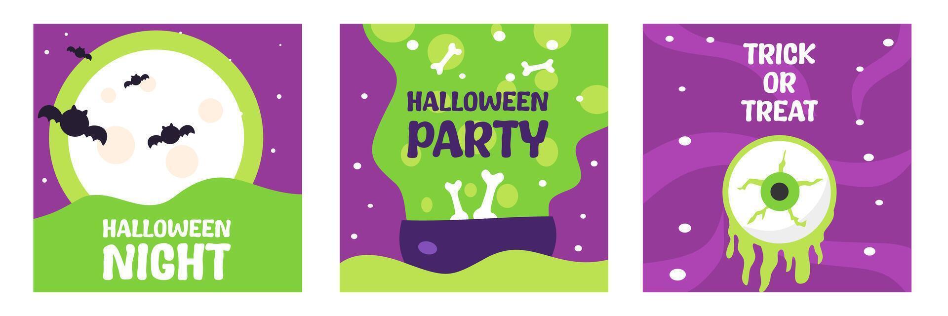 Set of Happy Halloween with calligraphy, skeleton, bat flat illustration and purple background for greeting sale banner, card, party invitation, advertising, web, social media, poster and flyer vector