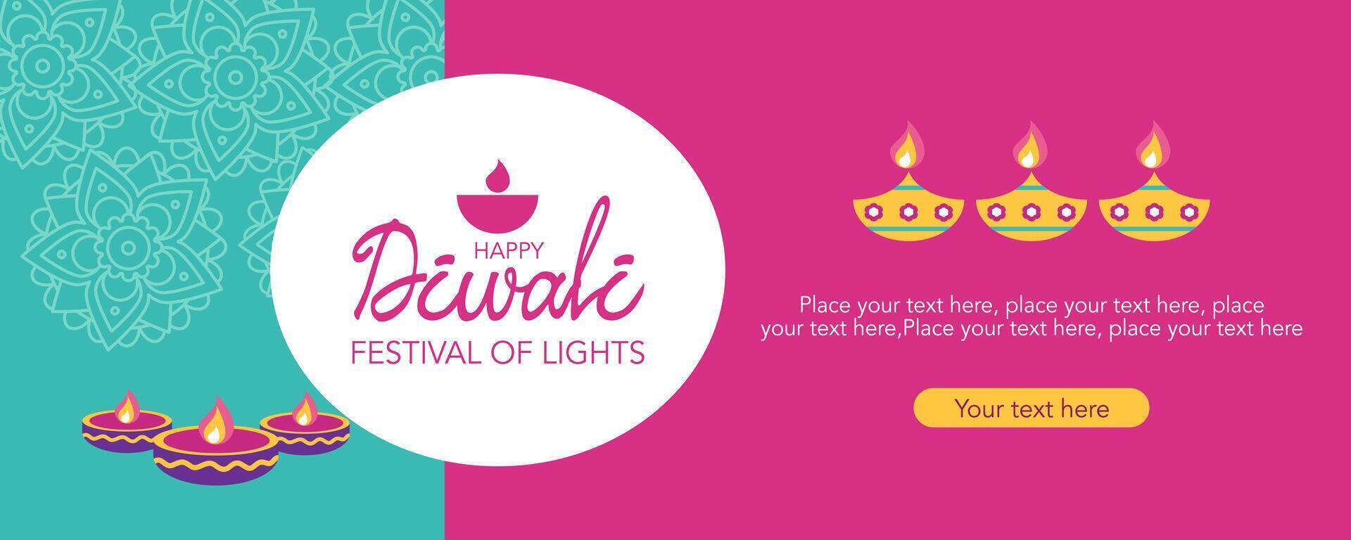 Minimalist Diwali Hindu festival of lights greeting template with oil lamp, mandala geometric green and purple background for branding, social media, greeting card, web, banner, cover, flyer or poster vector