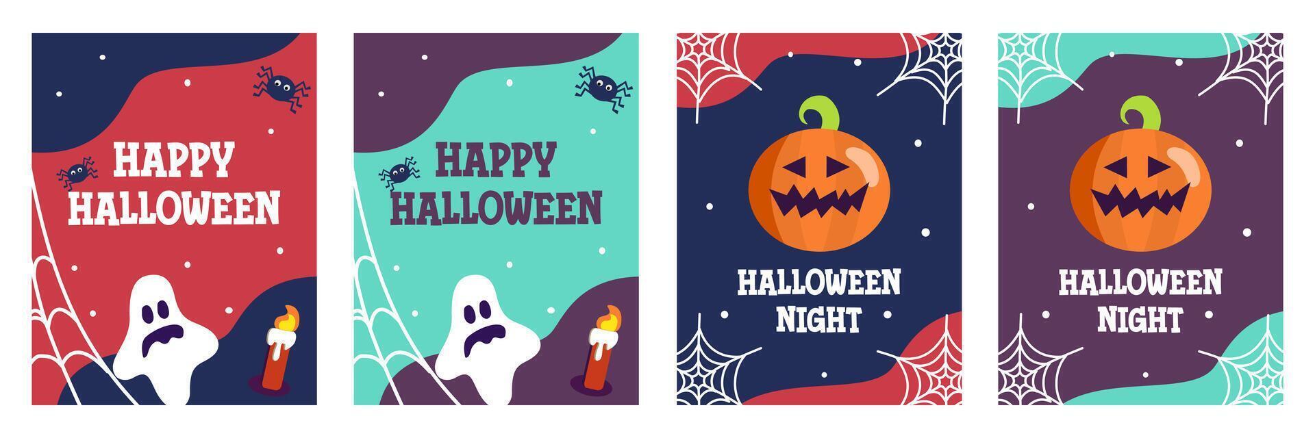 Set of Happy Halloween with calligraphy, pumpkin, spider flat illustration and colorful background for greeting sale banner, card, party invitation, advertising, web, social media, poster and flyer vector