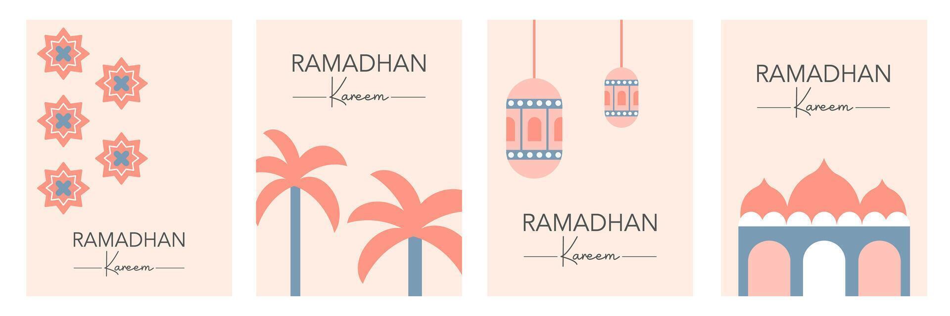 Ramadan Kareem set template with arabic calligraphy, pattern, mosque, palm tree, lantern, and minimalist flat background in pastel color for banner poster, greeting card, cover, and social media vector