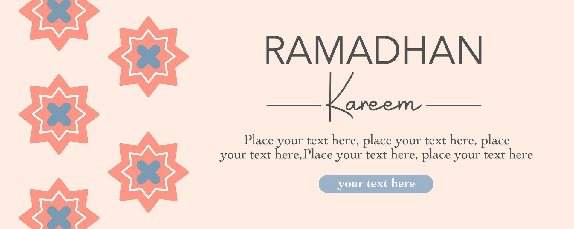 Horizontal Trendy Ramadan Kareem template with arabic calligraphy, pattern, modern and minimalist flat background in pastel color for banner, flyer, poster, greeting card, cover, and social media vector
