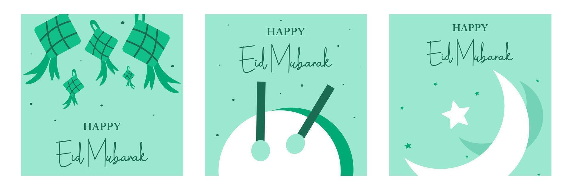 Set of minimalist Ramadan Kareem, Eid Mubarak, Eid al Adha, and Eid al Fitr flat illustration with ketupat, bedug, star, crescent, green background for banner, greeting card, poster, social media vector