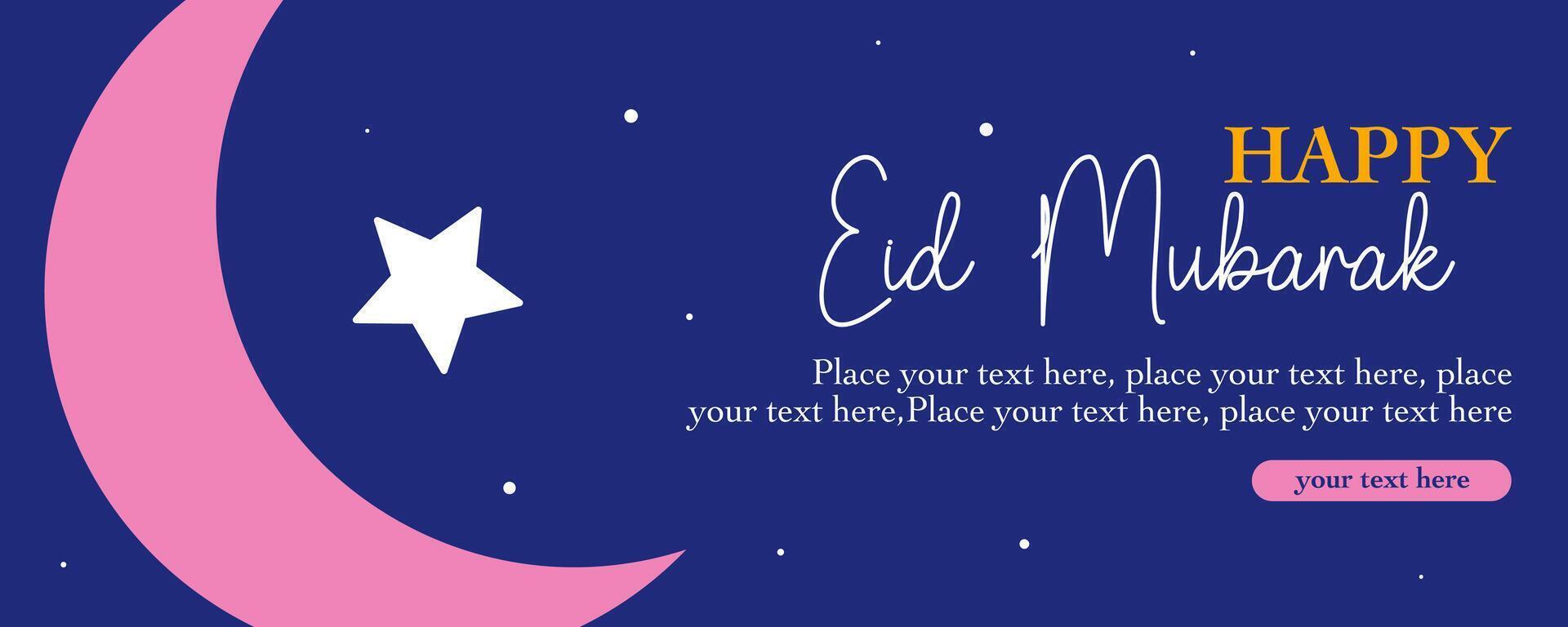 Ramadan Kareem, Eid Mubarak, Eid al Adha, and Eid al Fitr minimal flat horizontal illustration with calligraphy, crescent and geometric blue background for banner, greeting card, poster, social media vector