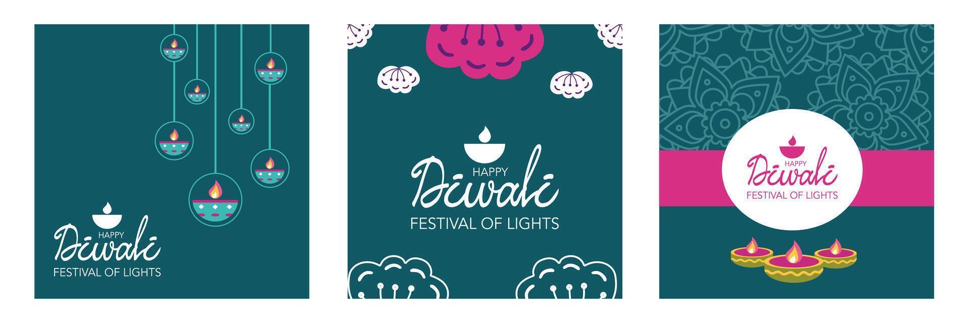 Creative Diwali Hindu festival of lights greeting template set with oil lamp, shapes, mandala and green background for branding, social media, greeting card, web, banner, cover, flyer or poster vector