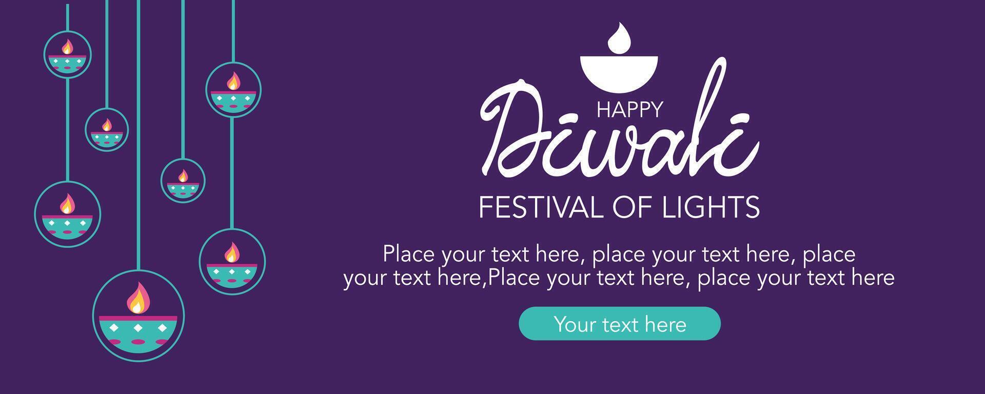 Minimalist Diwali Hindu festival of lights greeting flat template with oil lamp, mandala geometric and purple background for branding, social media, greeting card, web, banner, cover, flyer or poster vector