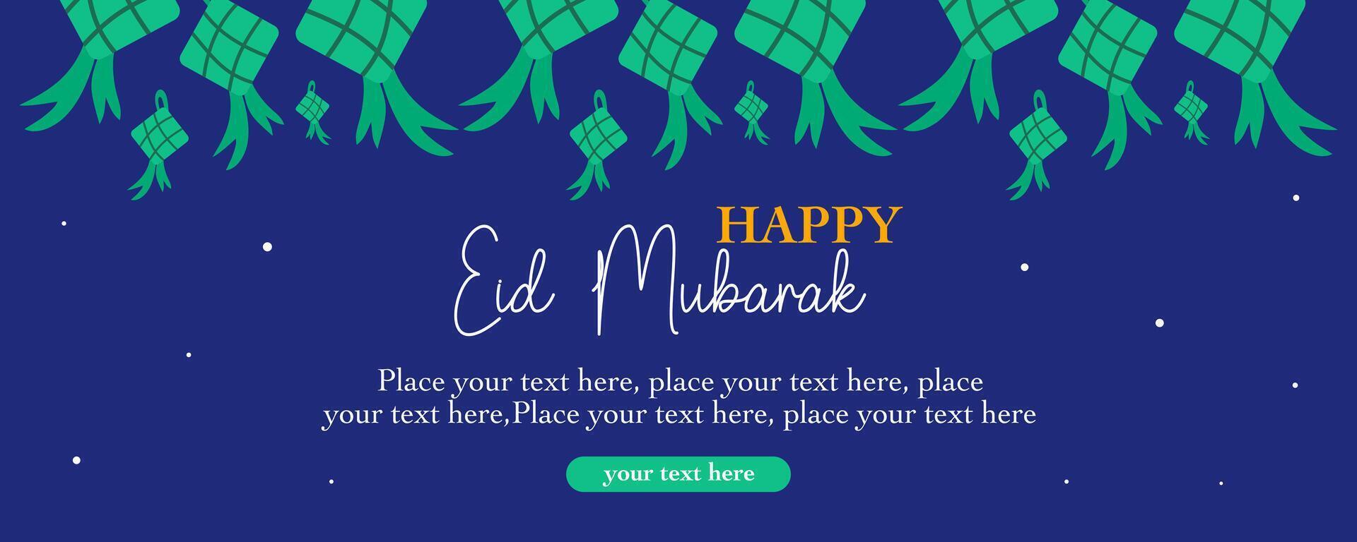 Ramadan Kareem, Eid Mubarak, Eid al Adha, and Eid al Fitr minimal flat horizontal illustration with calligraphy, ketupat and geometric blue background for banner, greeting card, poster, social media vector