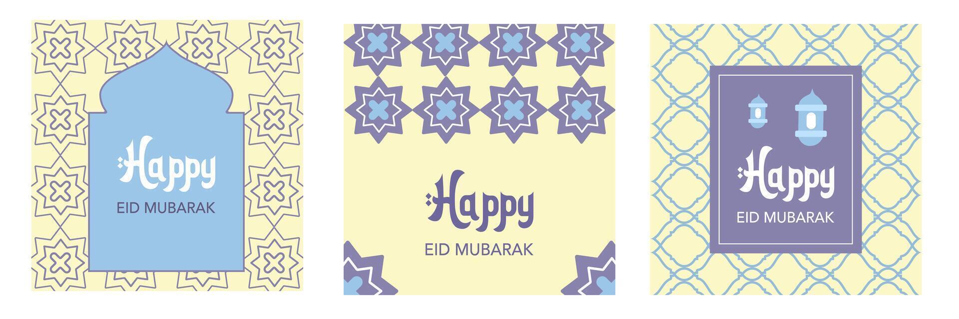 Trendy set of Ramadan Kareem, Eid Mubarak, Eid al Adha, and Eid al Fitr illustration with islamic geometric pattern, minimal yellow background for banner, cover, greeting card, poster, social media vector
