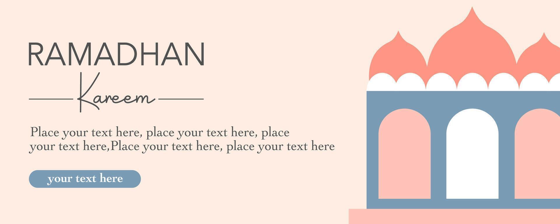 Horizontal Trendy Ramadan Kareem template with arabic calligraphy, mosque, modern and minimalist flat background in pastel color for banner, flyer, poster, greeting card, cover, and social media vector