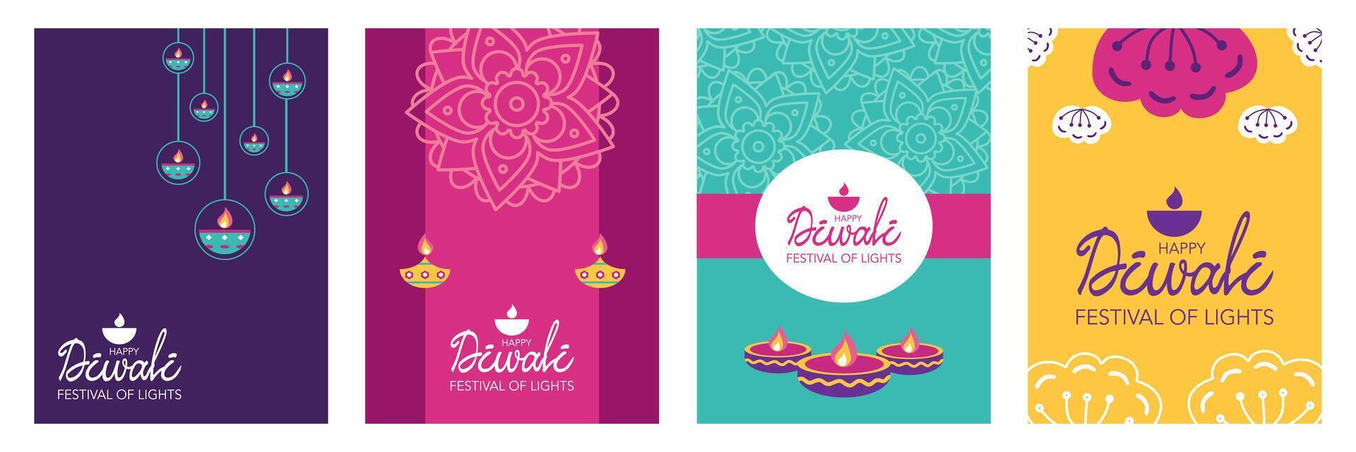 Trendy Diwali Hindu festival of lights greeting template set with oil lamp, mandala and geometric colorful background for branding, social media, greeting card, web, banner, cover, flyer or poster vector