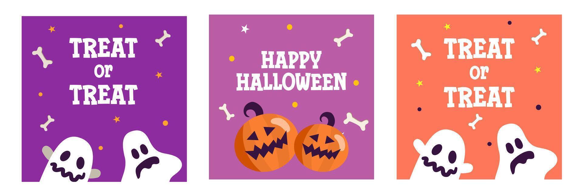 Set of Happy Halloween with calligraphy, ghost, pumpkin flat illustration and simple background for greeting sale banner, card, party invitation, advertising, web, social media, poster and flyer vector