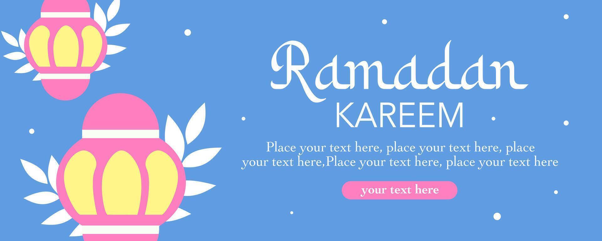 Creative and cute Ramadan Kareem, Eid Mubarak, Eid al Adha, and Eid al Fitr horizontal illustration with lantern, minimal blue background for banner, cover, greeting card, poster, flyer, social media vector