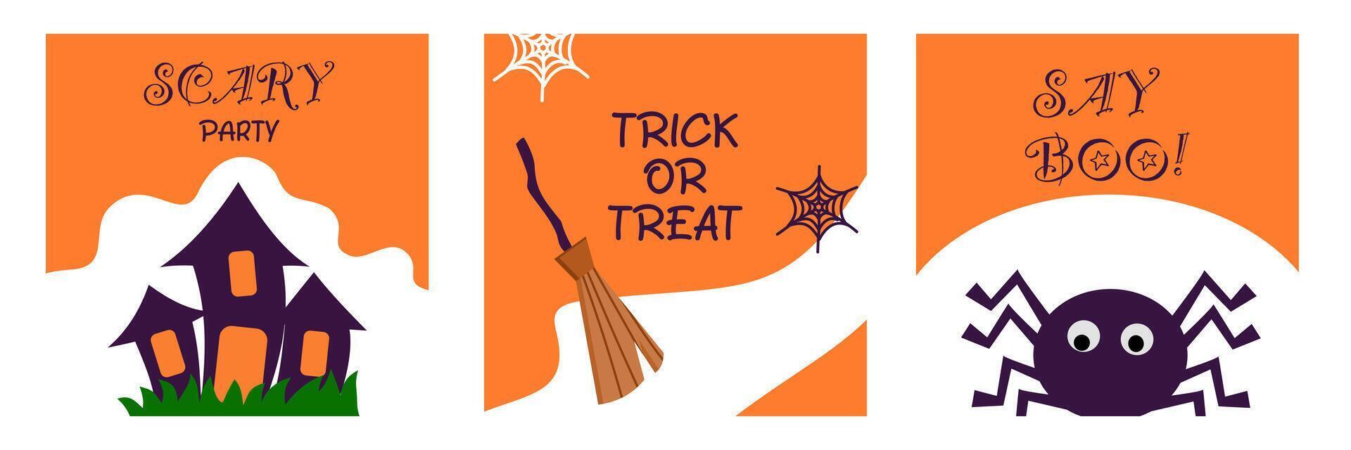 Set of Happy Halloween with calligraphy, castle, spider web flat illustration and orange background for greeting sale banner, card, party invitation, advertising, web, social media, poster and flyer vector