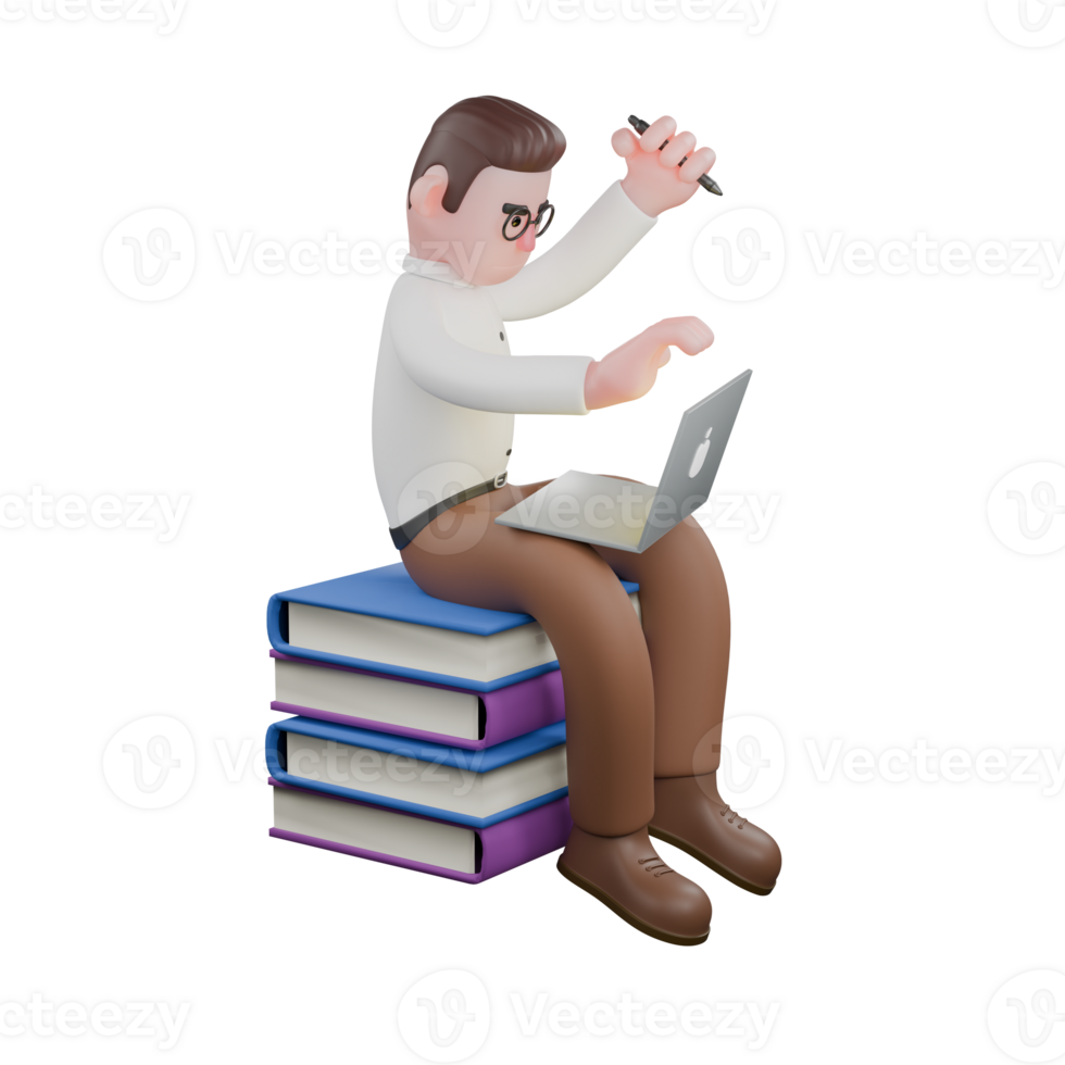 Animated Professional Sociologist. A male sociologist sits on a pile of books while holding a laptop and holding a pen in his hand. Cartoon png