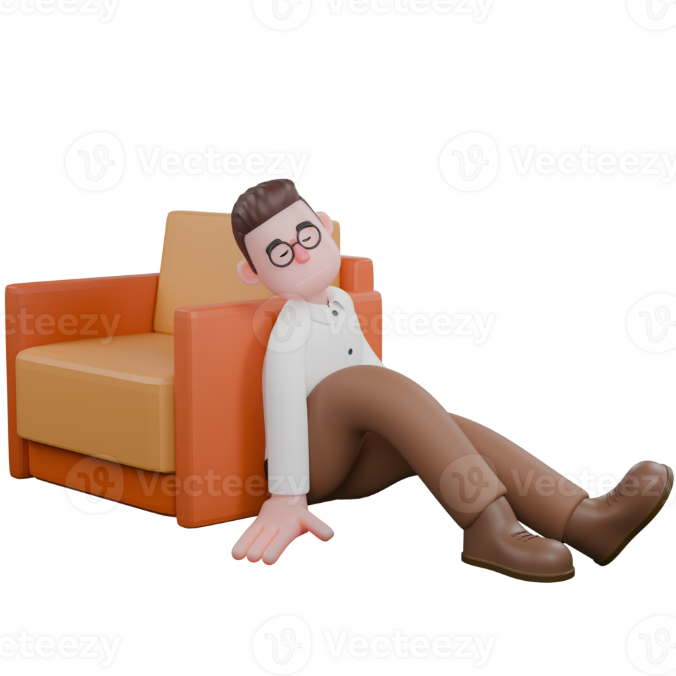 Illustrative 3D Male Sociologist. A male sociologist sitting on the floor leaning on a sofa. Social Research Model png