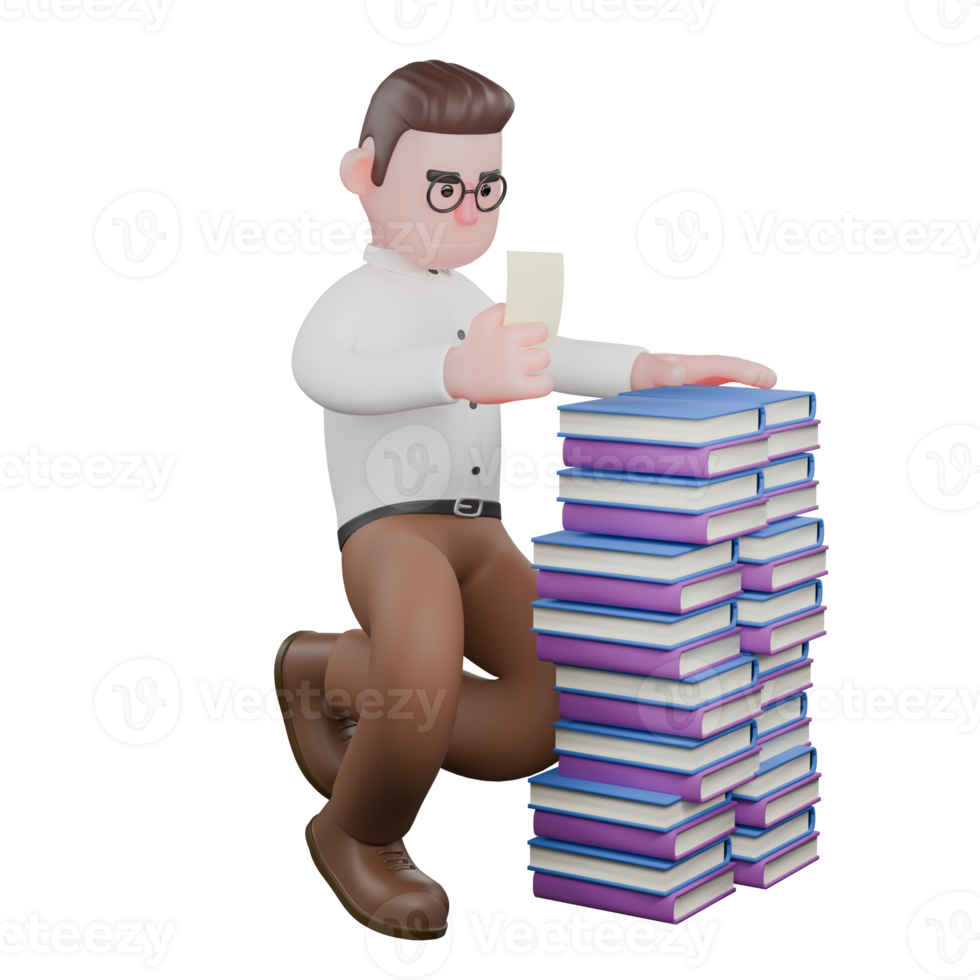 Illustrated of a Professional Sociologist. A male sociologist crouches in front of a pile of books while holding a piece of paper in his hands. Male png