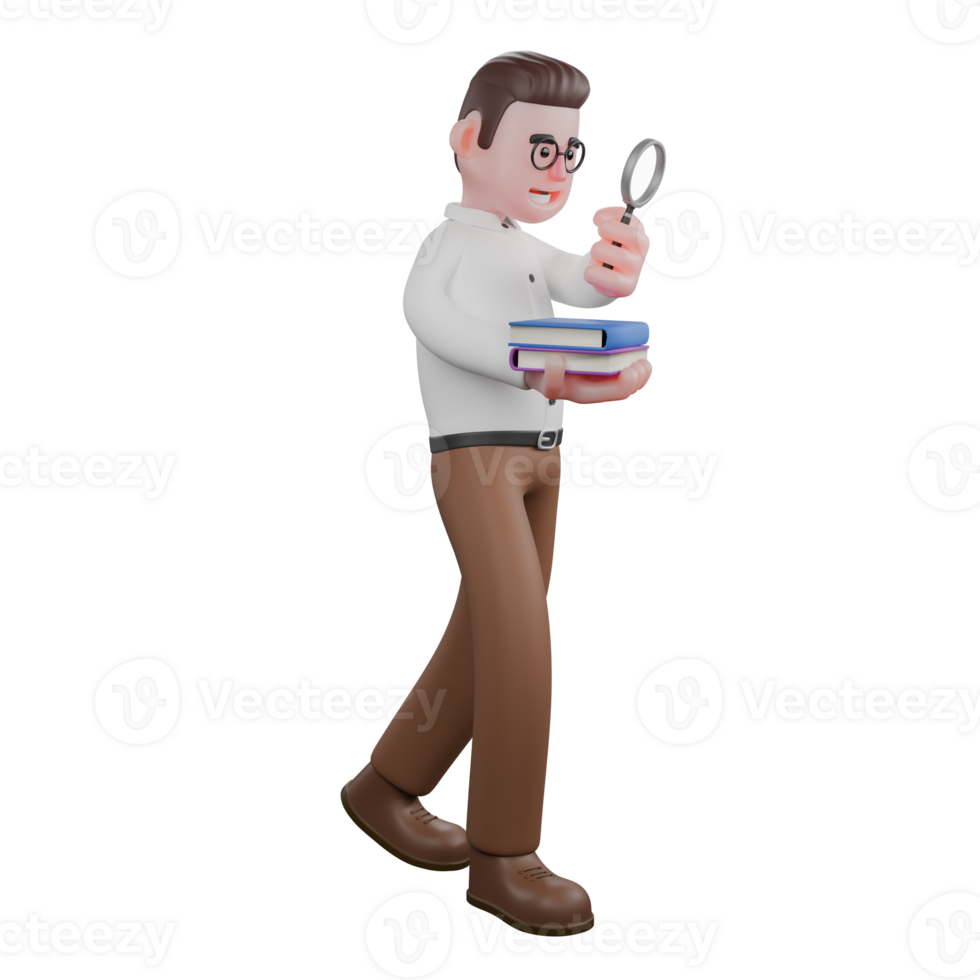 Animated Professional Sociologist. A male sociologist walks holding 2 books and a magnifying glass in both hands. Societal png