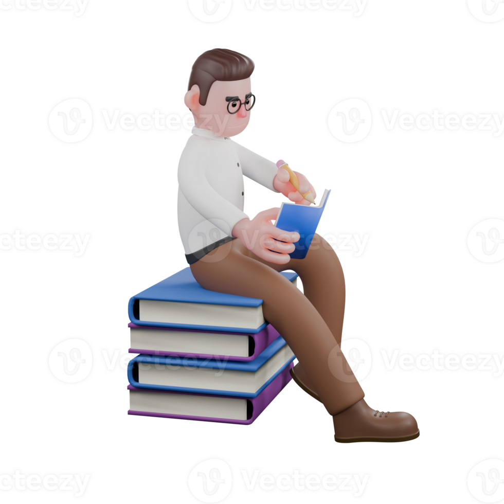 Male Professional Sociologist - 3D Character. A male sociologist sits on a pile of books while holding a book and a pencil in both hands. Social Research Model png