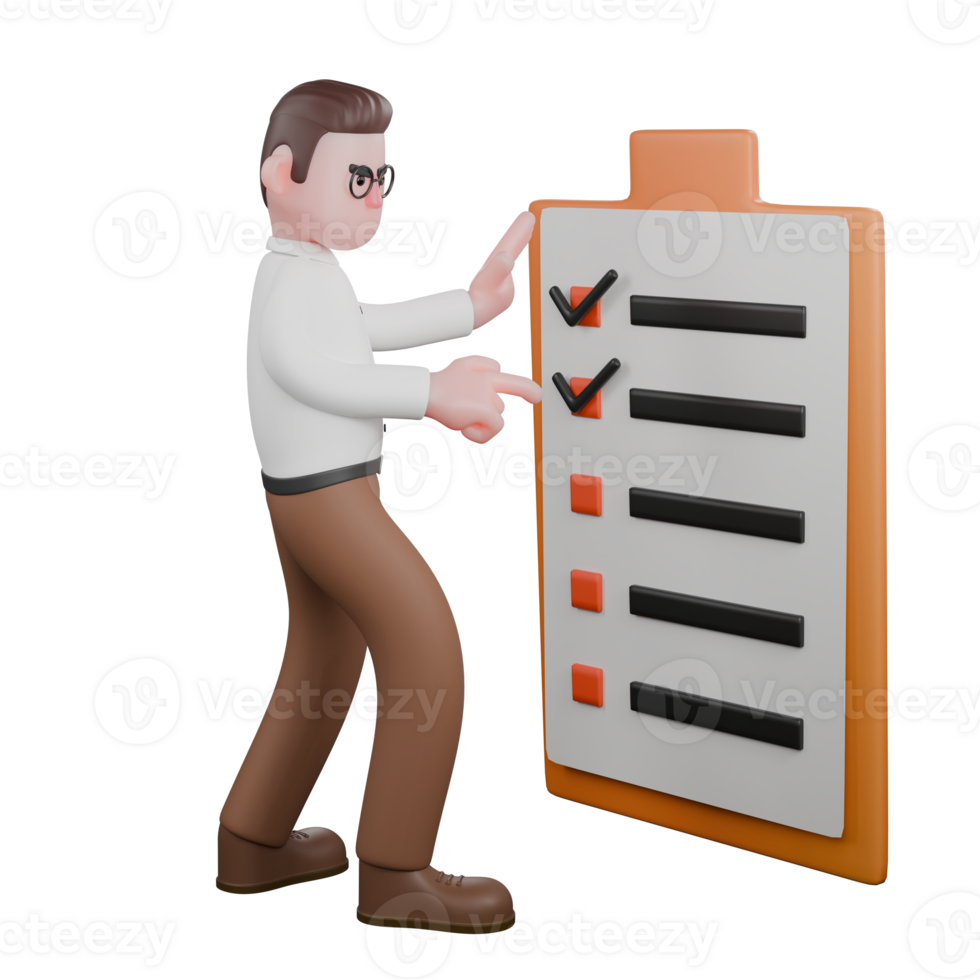 3D Societal Sociologist Male. A male sociologist stands in front of a clipboard with a checklist with his right hand pointing at the clipboard. Male png