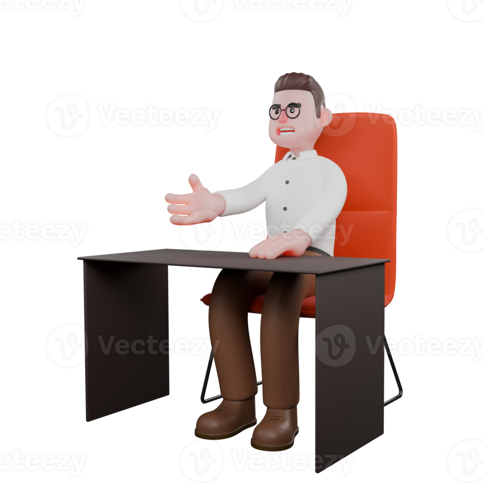 Animated Professional Sociologist. A male sociologist is sitting on a desk chair while stretching his hands forward. Cartoon png