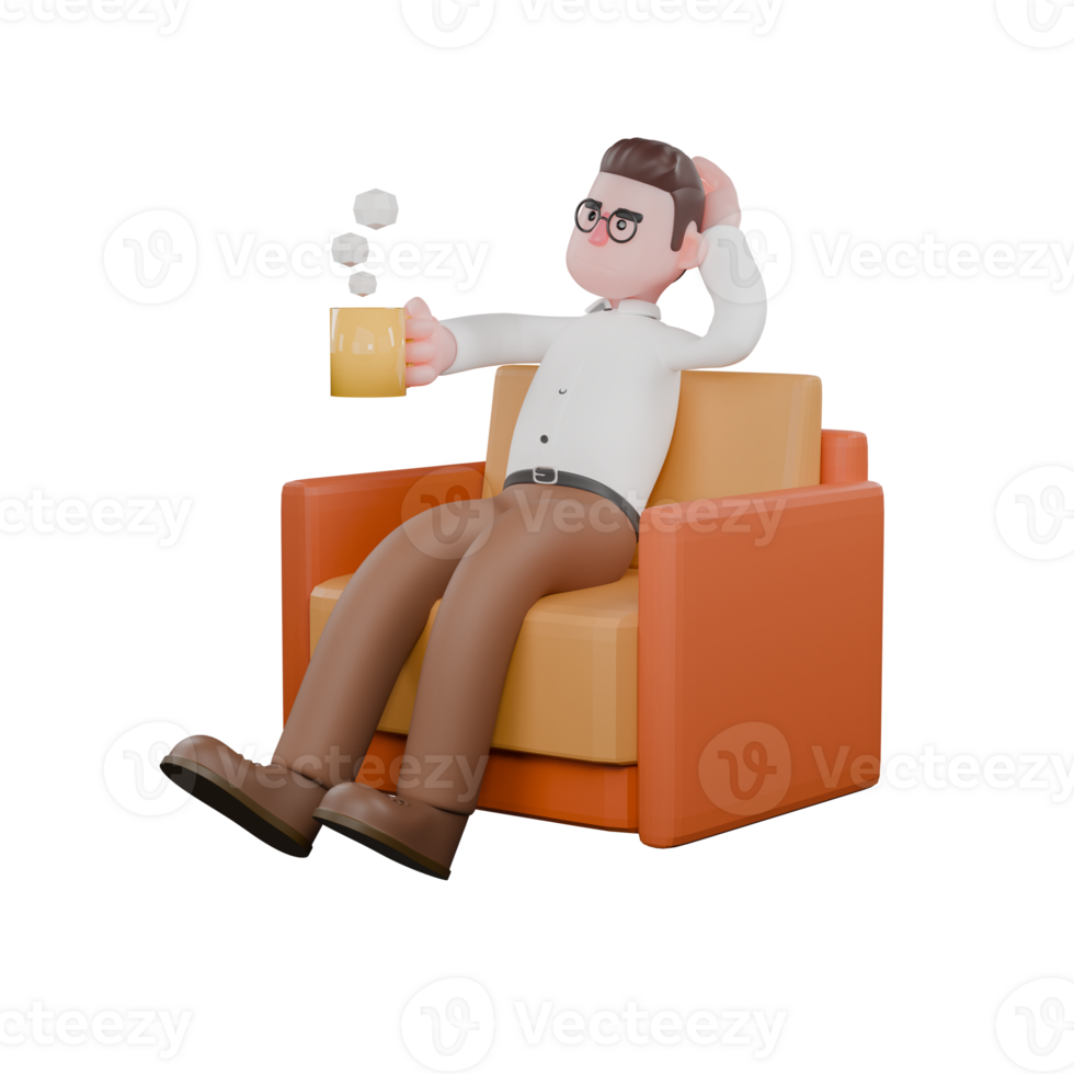 3D Social Expert Sociologist. A male sociologist is sitting on a sofa with a cup in his right hand and his head in his left hand. Social Research Model png