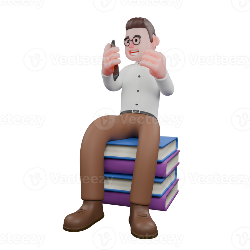 Animated Professional Sociologist. A male sociologist is sitting on a pile of books while looking at a cellphone. Male png
