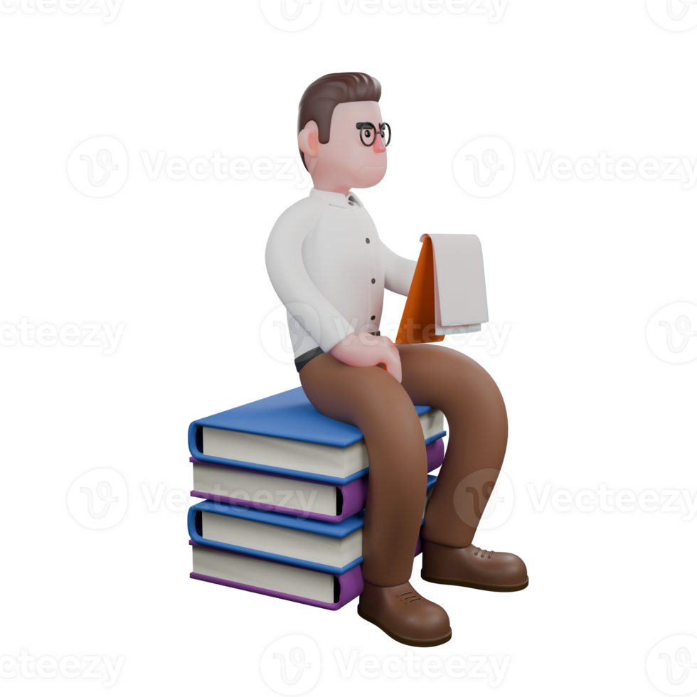 Male Professional Sociologist - 3D Character. A male sociologist is sitting on a pile of books while reading a clipboard. Male Professional png