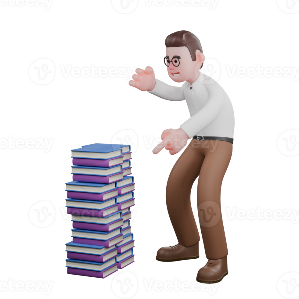 3D Social Expert Sociologist. A male sociologist sits on a pile of books while holding a book and a pencil in both hands. Cartoon Illustrated png