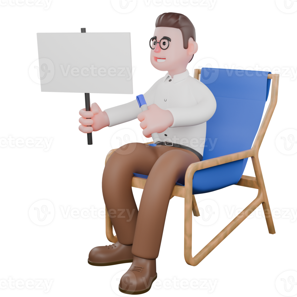3D Social Expert Sociologist. A male sociologist sits on a lounge chair holding a whiteboard and a marker in both hands. Societal png