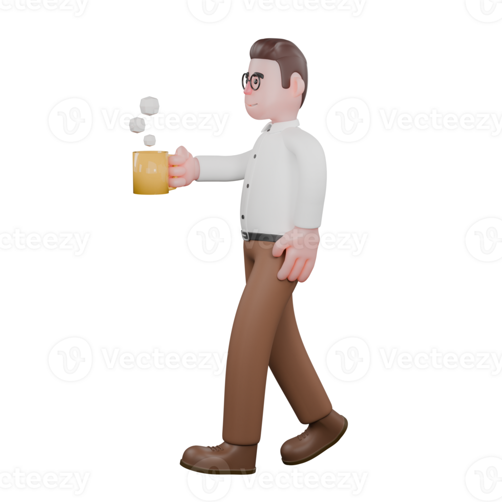 Male Professional Sociologist - 3D Character. A male sociologist is walking while carrying a cup and glass. Social Research Model png