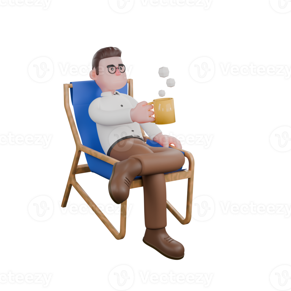Animated Professional Sociologist. A male sociologist is sitting with his left leg folded over his right leg while carrying a cup and glass. Cartoon Illustrated png
