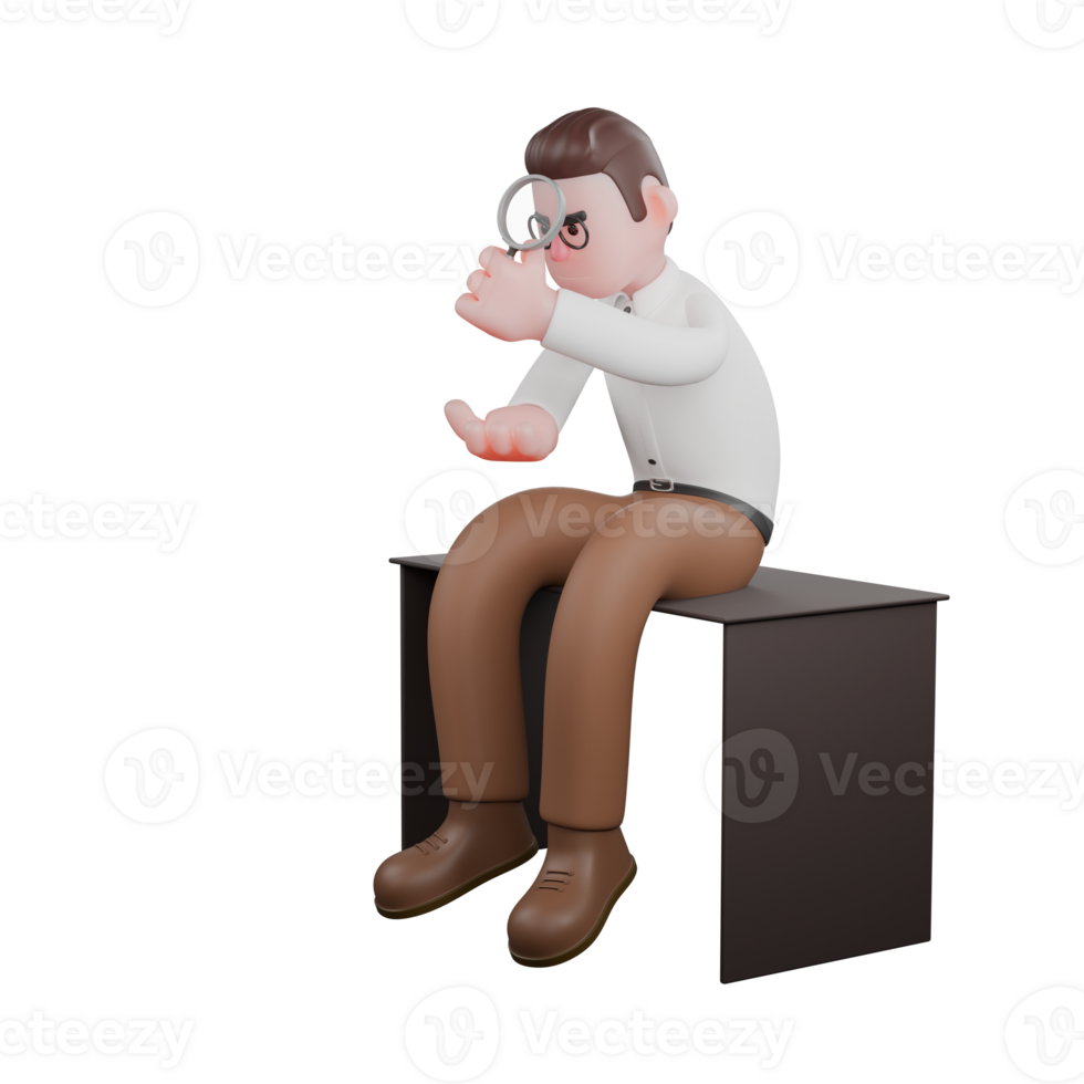 Sociologist in 3D. A male sociologist sits at a table holding a magnifying glass in his hands. Male Professional png