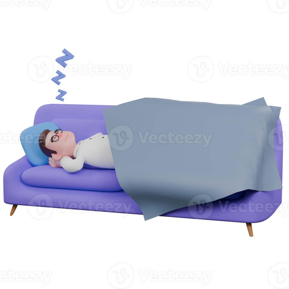 3D Social Expert Sociologist. A male sociologist is fast asleep on a sofa. Cartoon png