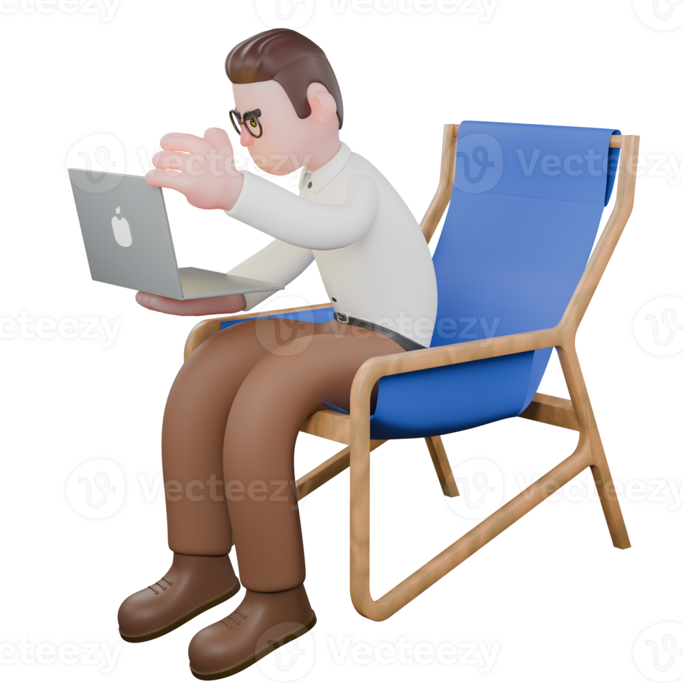 Male Sociologist 3D Model. A male sociologist sits on a lounge chair while holding a laptop in his right hand. Male Professional png
