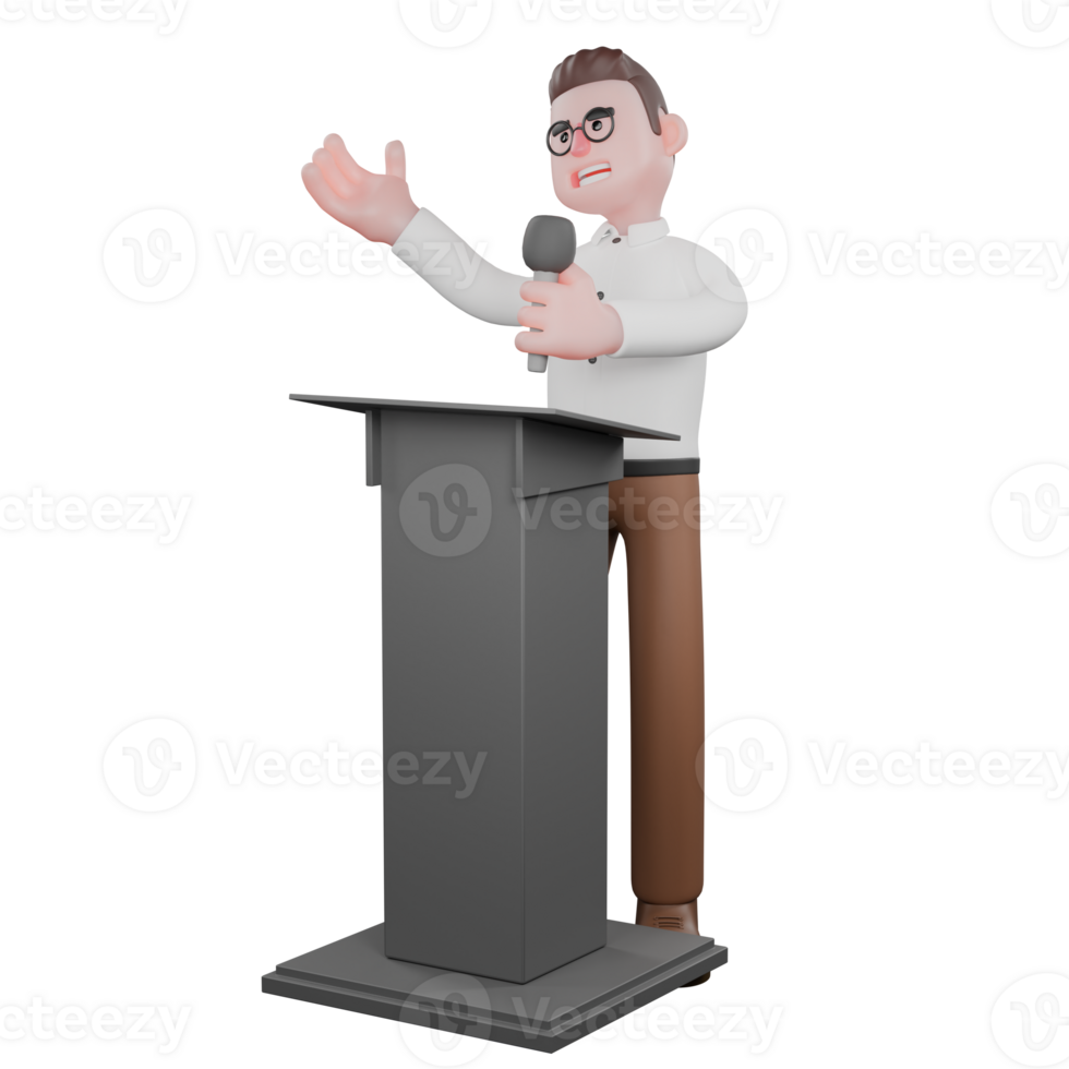 3D Social Expert Sociologist. A male sociologist is standing behind a podium table while holding a mic. Cartoon Illustrated png