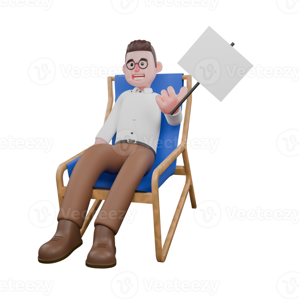 Male Professional Sociologist - 3D Character. A male sociologist is sitting on a lounge chair while carrying a whiteboard. Cartoon Illustrated png