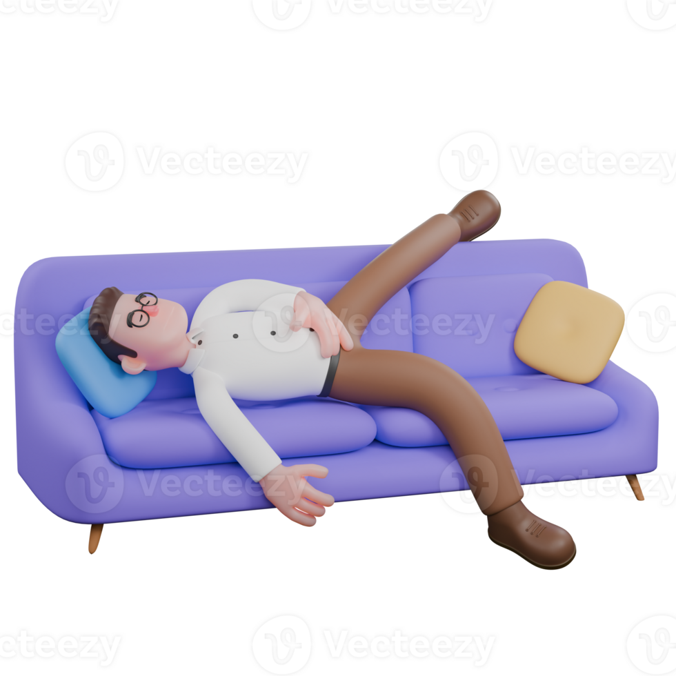 Sociologist in 3D. A male sociologist is sleeping on a sofa. Social Research Model png