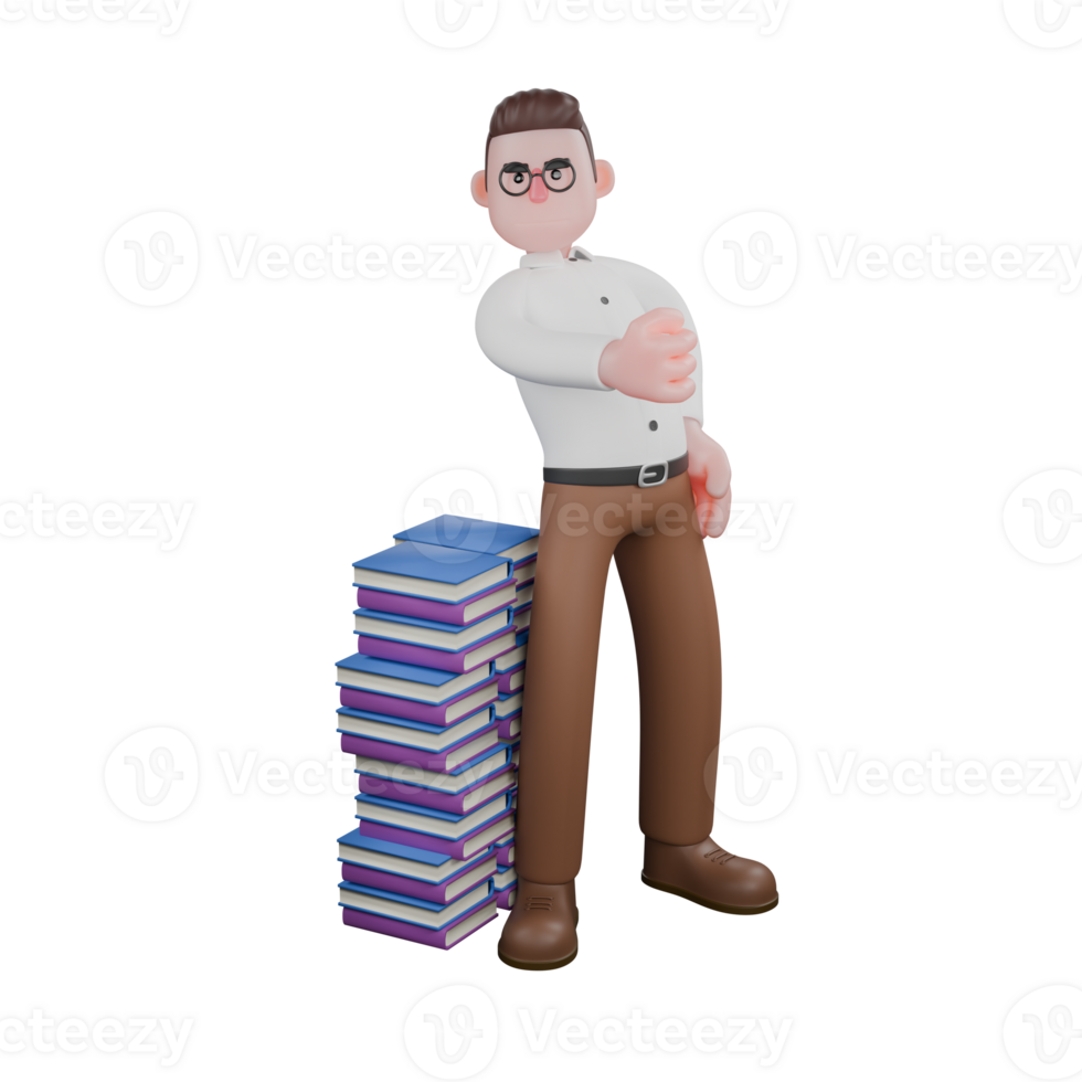 Sociologist in 3D. A male sociologist stands next to a pile of books with his right hand clenched in front. Societal png