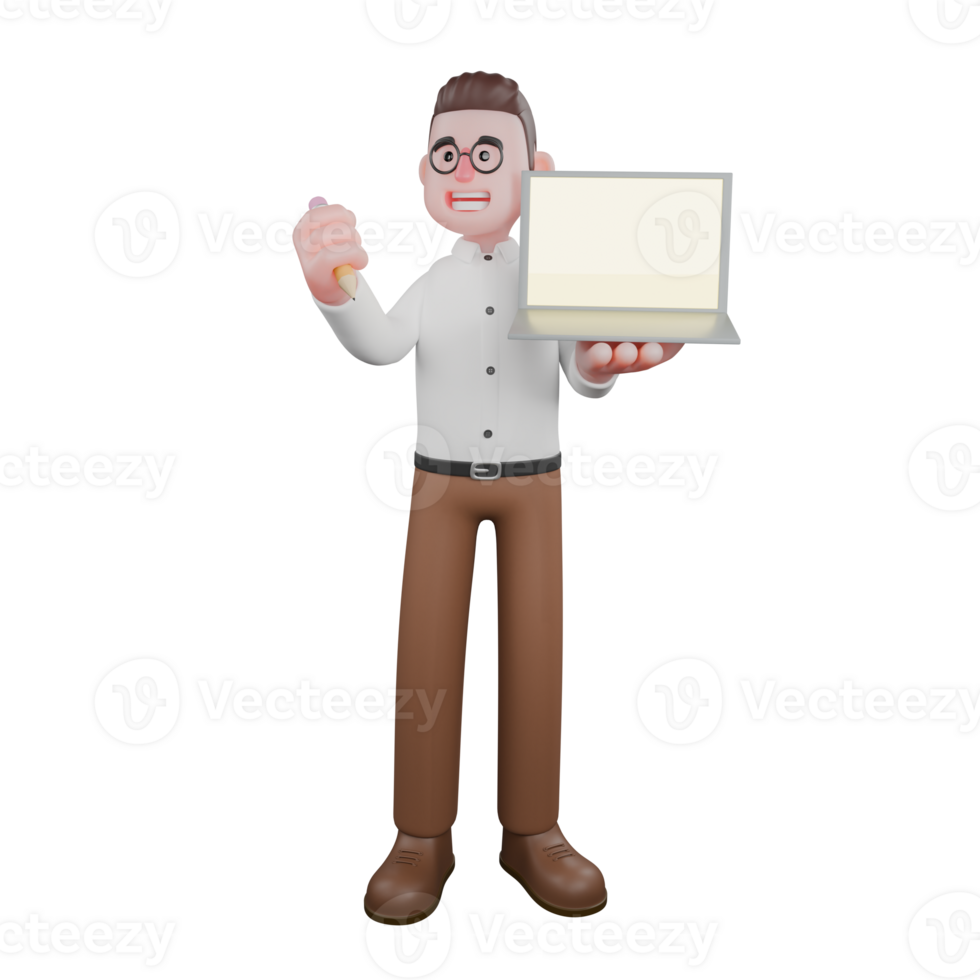 3D Social Expert Sociologist. A male sociologist is standing while showing a laptop screen. Cartoon png