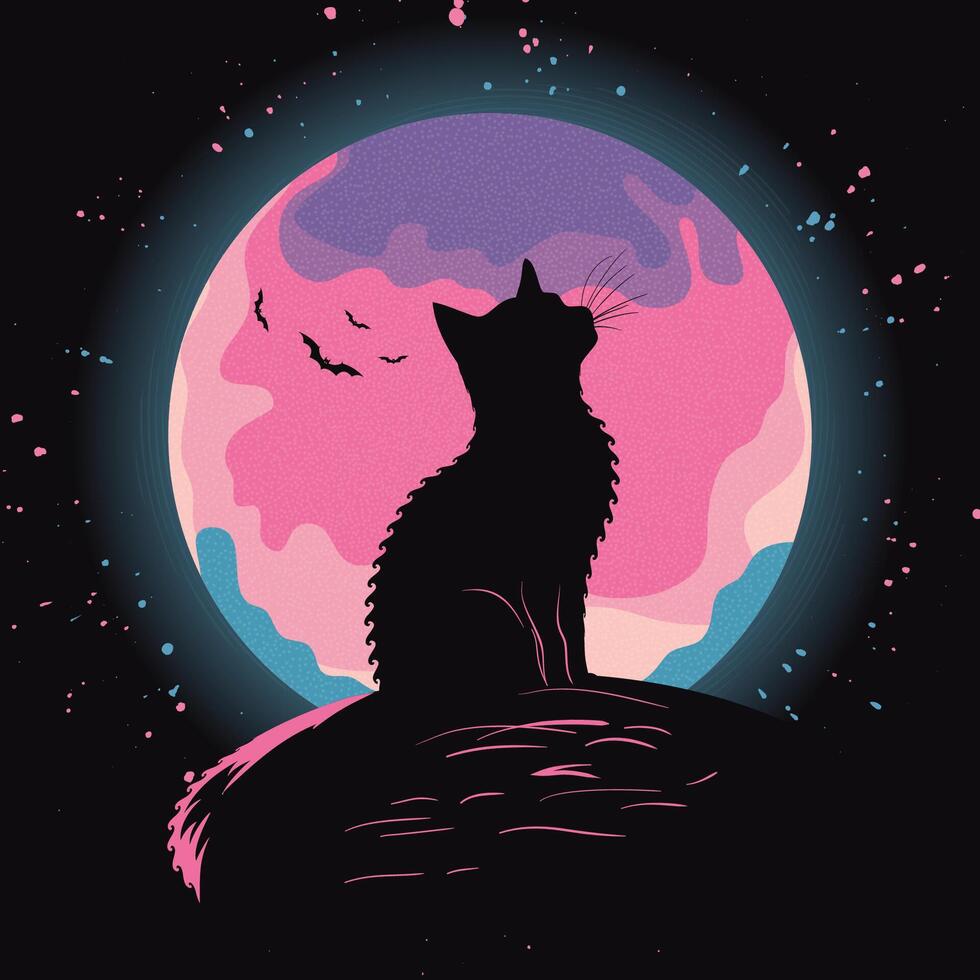Silhouette of a cat against the moon in bright colors vector