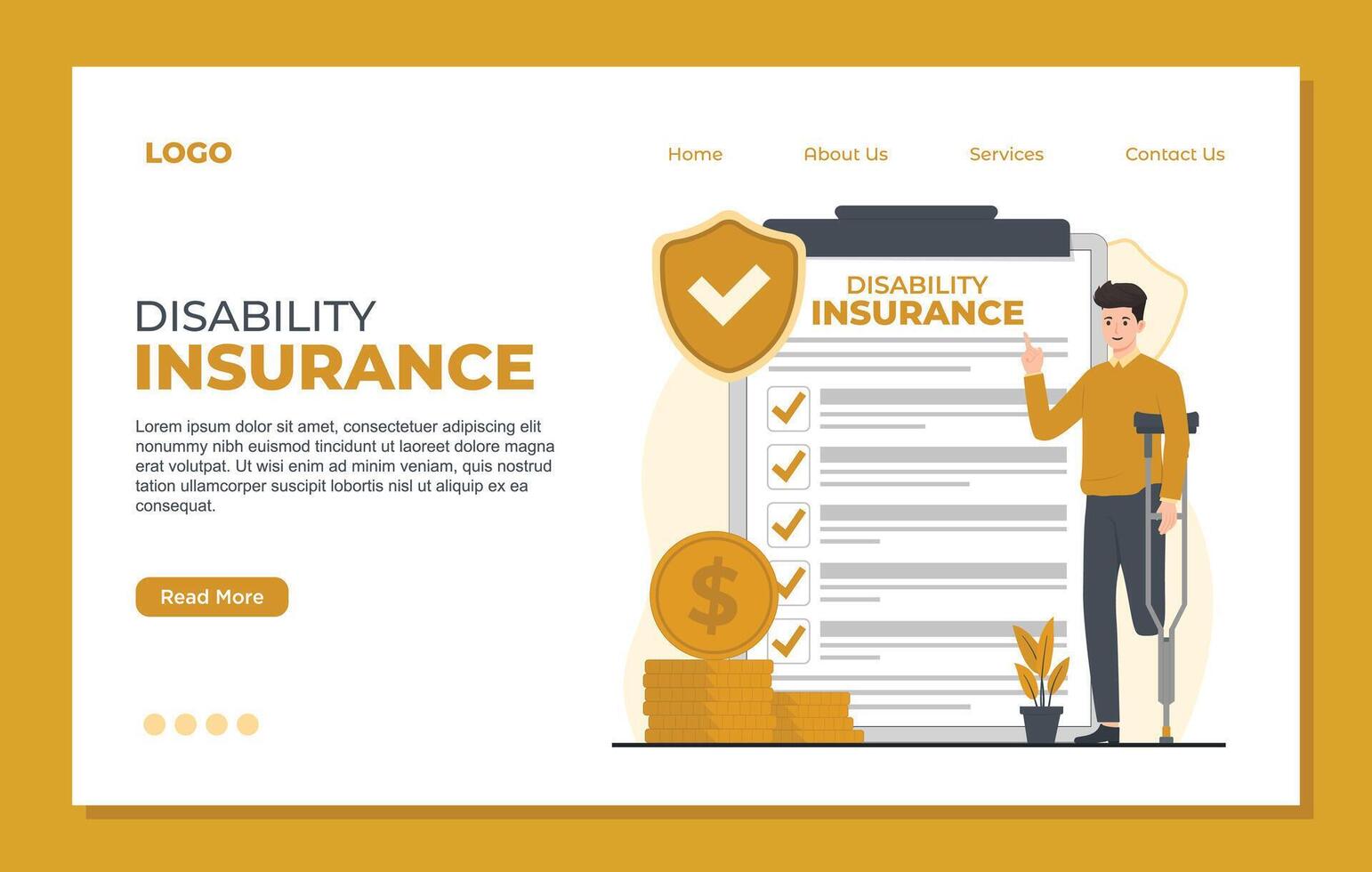 Disability insurance landing page template concept Insurance claim form. Man with crutches. Flat style illustration. vector