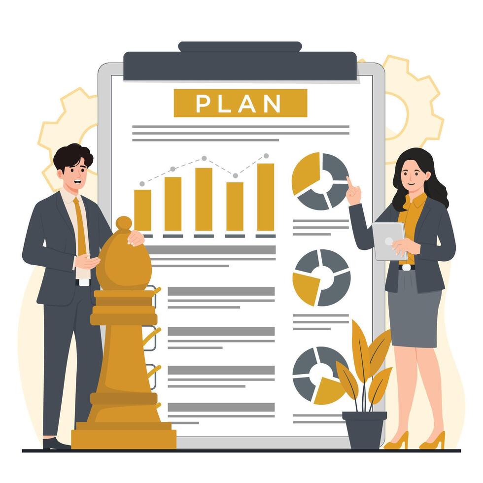 Business strategy concept Businessman and businesswoman standing charts and graphs. illustration in flat style vector