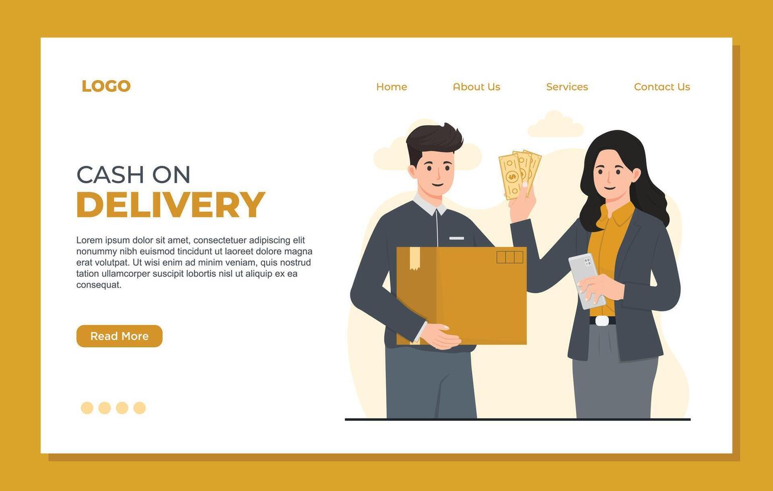 Delivery service landing page template Courier and customer in a flat style. cash on delivery cod vector