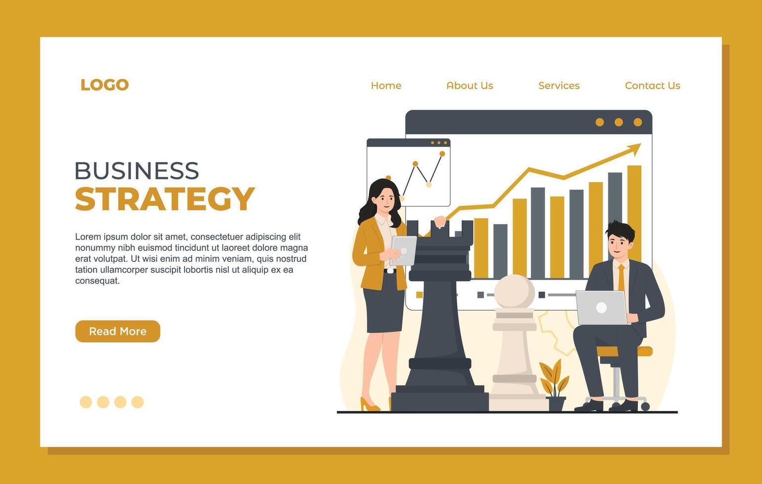 Business strategy landing page template concept. illustration in flat style. Businessman and businesswoman with chess pieces. vector