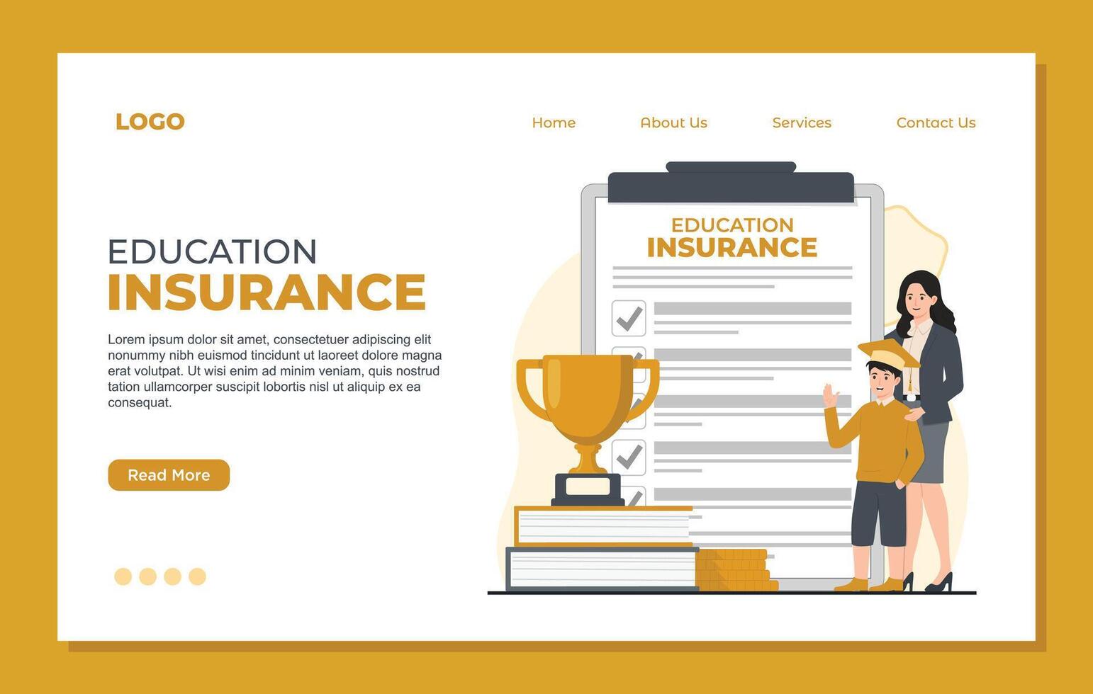 Education insurance landing page template concept. illustration in flat cartoon style. Student with diploma and trophy. vector