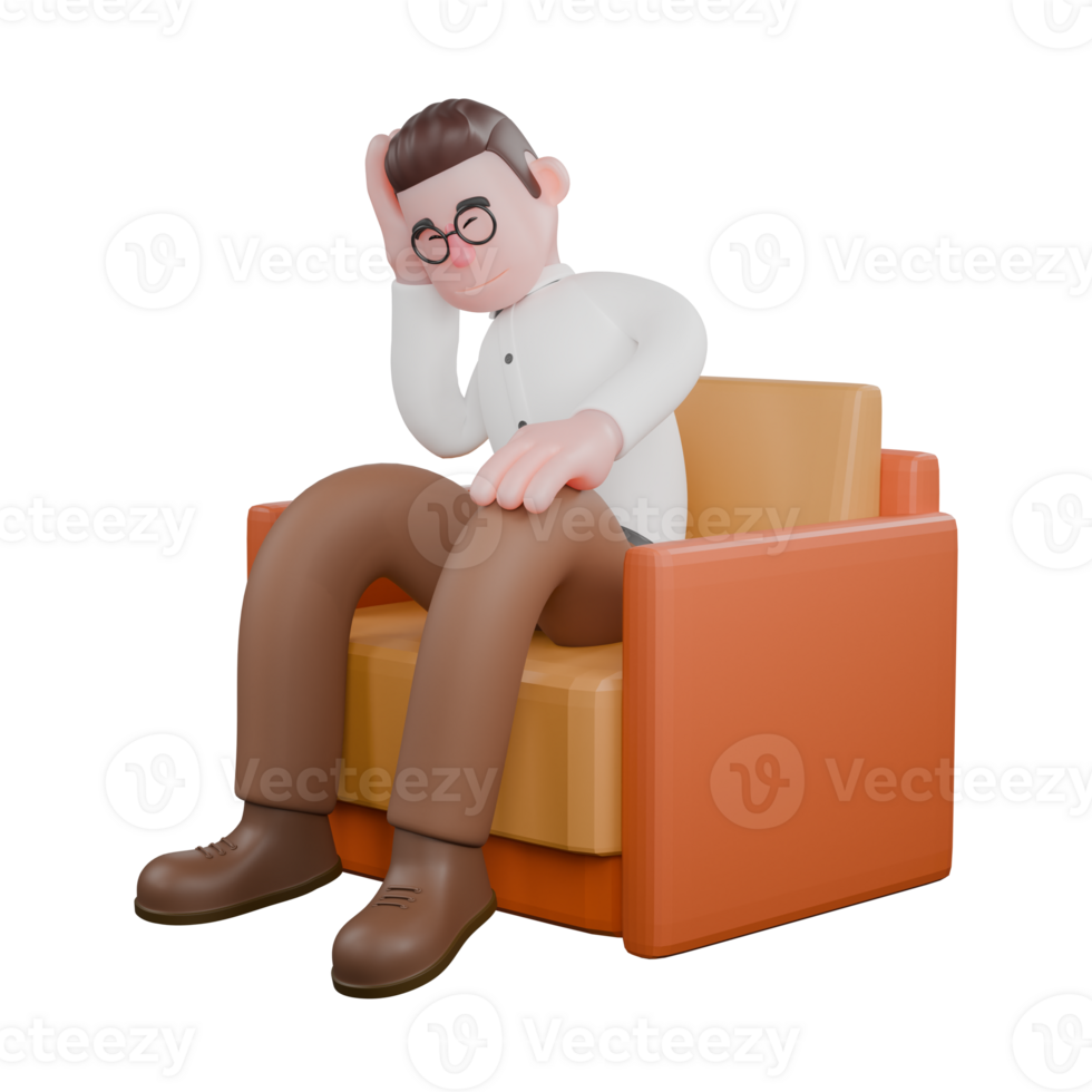 Animated Professional Sociologist. A male sociologist sitting on a sofa with his right hand on his head. Cartoon Illustrated png