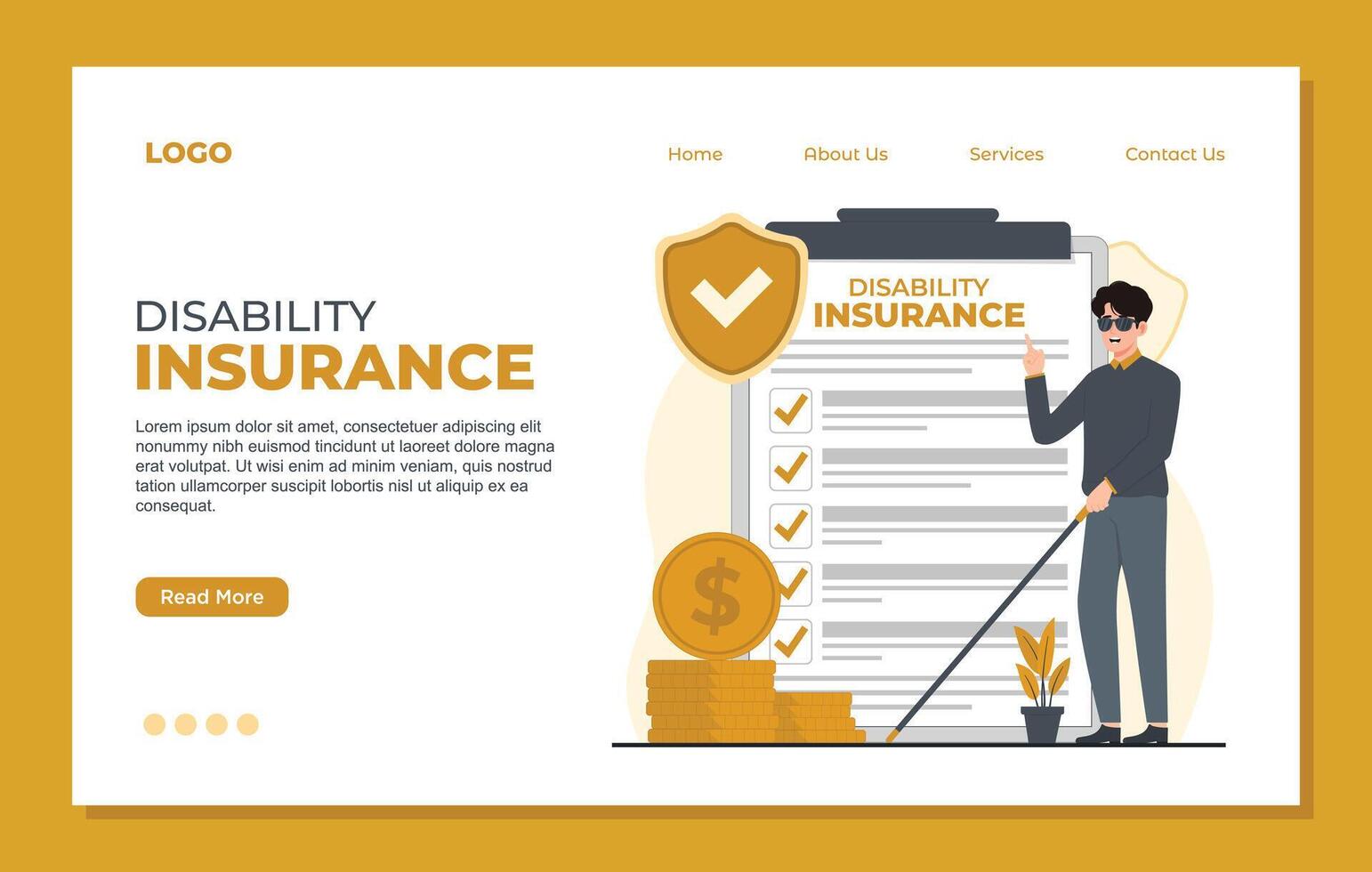 Disability insurance landing page template concept. blind Man in safety glasses and gloves standing near claim form. illustration in flat style vector